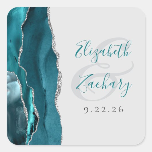 Sticker Carré Agate Geode Script Teal Blue Silver Gray Wedding (Devant)