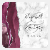 Sticker Carré Agate Marbre Bourgogne Argent Mariage Script (Devant)
