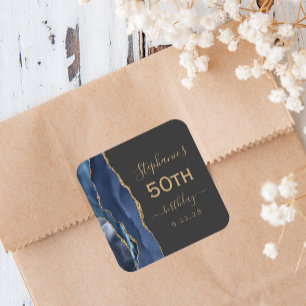 Sticker Carré Agate Script Bleu Nuit Or Foncé 50e Anniversaire