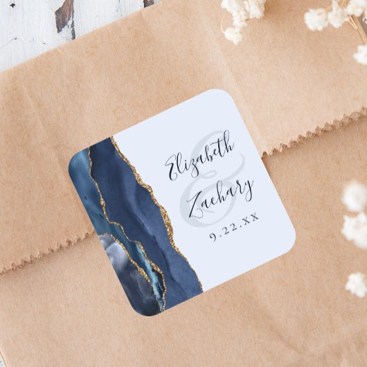 Sticker Carré Agate Script Navy Pale Blue Gold Wedding