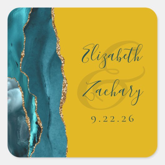 Sticker Carré Agate Script Turquoise or moutarde Jaune Mariage (Devant)