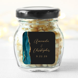 Sticker Carré Agate Turquoise Blue Gold Script Dark Mariage