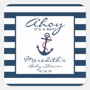 Sticker Carré Ahoy, c'est un Baby shower Nautique de garçon Favo