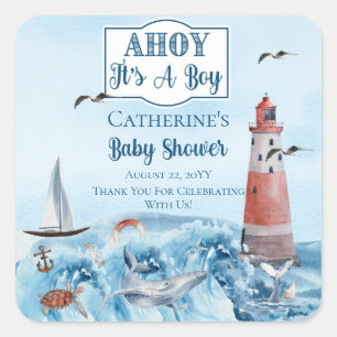 Sticker Carré Ahoy C'est un phare Baby shower Océan Boy