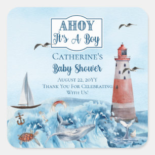 Sticker Carré Ahoy C'est un phare Baby shower Océan Boy