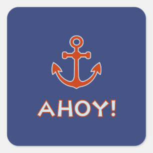 Sticker Carré AHOY ! Type et Ancre Design rouge et bleu