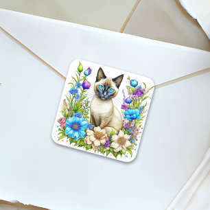 Sticker Carré Ai Aquarelle Siamese Chat en Fleurs