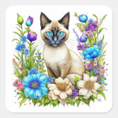 Sticker Carré Ai Aquarelle Siamese Chat en Fleurs (Devant)