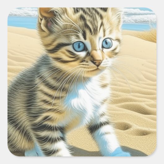 Sticker Carré AI Grey Tabby Kitten Jouer sur une plage (Devant)