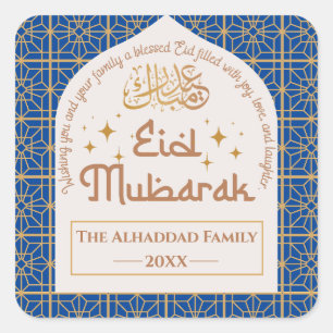 Sticker Carré Aïd Moubarak Fête Islamique Élégant Bleu et Or