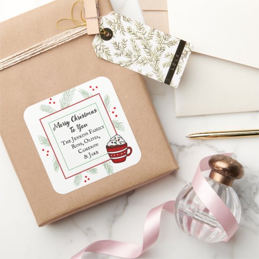 Sticker Carré Aiguilles de pin et cacao chaud Joyer Noël à vous (Cadeaux)