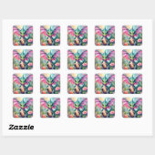 Sticker Carré Ailes roses dragon vert Aquarelle florale (Feuille)
