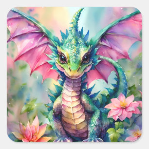 Sticker Carré Ailes roses dragon vert Aquarelle florale