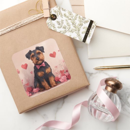 Sticker Carré Airedale avec Rose - Saint Valentin (Cadeaux)
