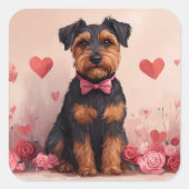 Sticker Carré Airedale avec Rose - Saint Valentin (Devant)