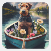 Sticker Carré Airedale Dog on a Paddle : Une aventure Pittoresqu (Devant)