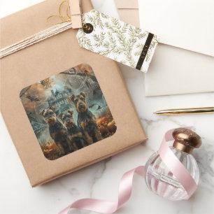 Sticker Carré Airedale Halloween nuit chien délice