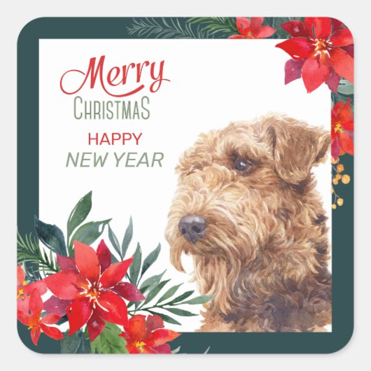 Sticker Carré Airedale Terrier Poinsettia frontière Noël (Devant)