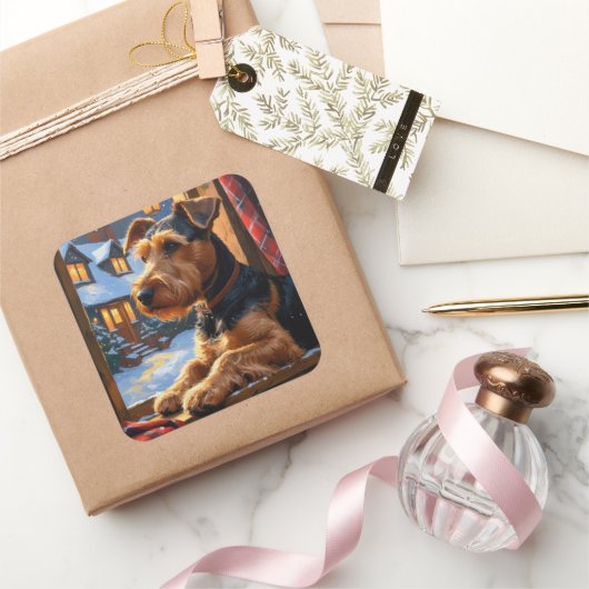 Sticker Carré Airedale Terrier With Christmas Lights Holiday (Cadeaux)