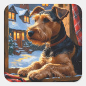Sticker Carré Airedale Terrier With Christmas Lights Holiday (Devant)