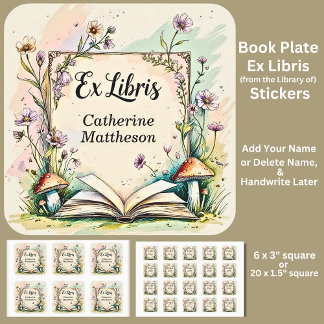 Sticker Carré Ajouter le nom Ex Libris Aquarelle Cottagecore