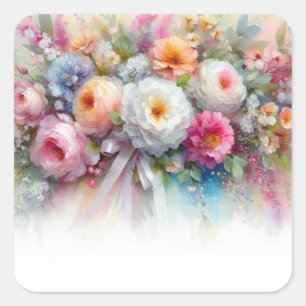 Sticker Carré Ajoutez Votre Texte Modèle Vierge Fleurs Aquarelle