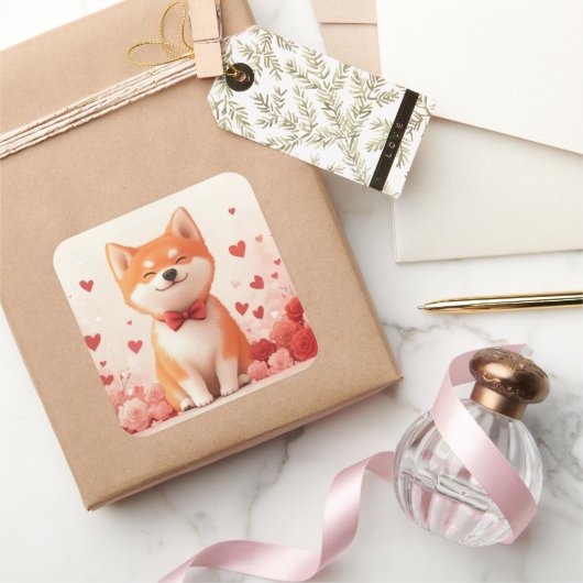 Sticker Carré Akita avec Rose - Saint Valentin (Cadeaux)