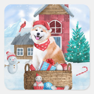 Sticker Carré Akita Chien dans la neige Maison de Chien de Noël