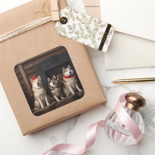 Sticker Carré Akita par le Noël de la cheminée (Cadeaux)