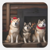 Sticker Carré Akita par le Noël de la cheminée (Devant)