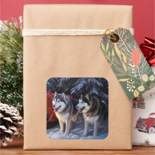 Sticker Carré Alaskien Malamute Snowy Sleigh Ride Noël