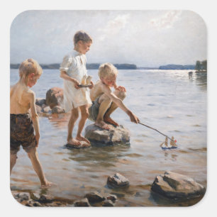 Sticker Carré Albert Edelfeue - Les garçons jouent sur le rivage