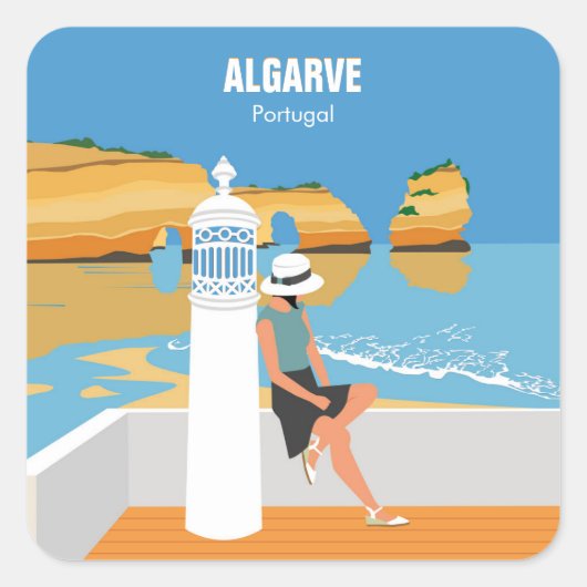 Sticker Carré Algarve plage fille voyage vintage style (Devant)