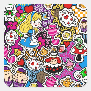 Sticker Carré Alice Wonderland Mad Hatter Cat Doodle