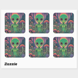 Sticker Carré Alien dans une forêt de champignons