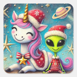 Sticker Carré Alien de Noël festif et licorne