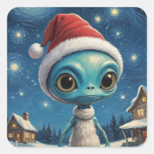 Sticker Carré Alien de nuit étoilé joli Noël Texte personnalisé