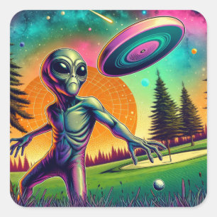 Sticker Carré Alien Lancement de disque Golf