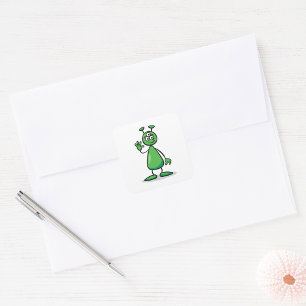 Sticker Carré Alien Martien de Dessin Animé Vert aux Trois Yeux