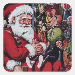 Sticker Carré Alien Père Noël Vintage Illustration Scrapbook