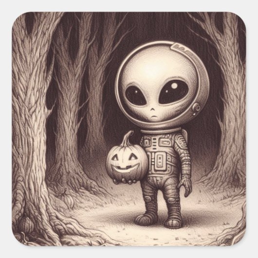 Sticker Carré Alien spatial d'Halloween avec Jack-O-Lantern (Devant)