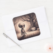 Sticker Carré Alien spatial Halloween avec Citrouille (Enveloppe)