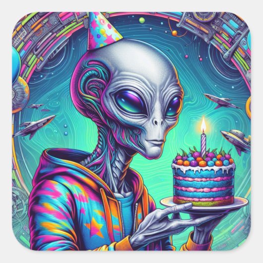 Sticker Carré Alien tenant Birthday Cake (Devant)