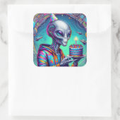 Sticker Carré Alien tenant Birthday Cake (Sac)