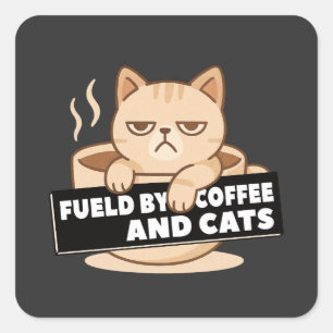 Sticker Carré Alimenté par le Café et les Chats Mignon Chat Endo
