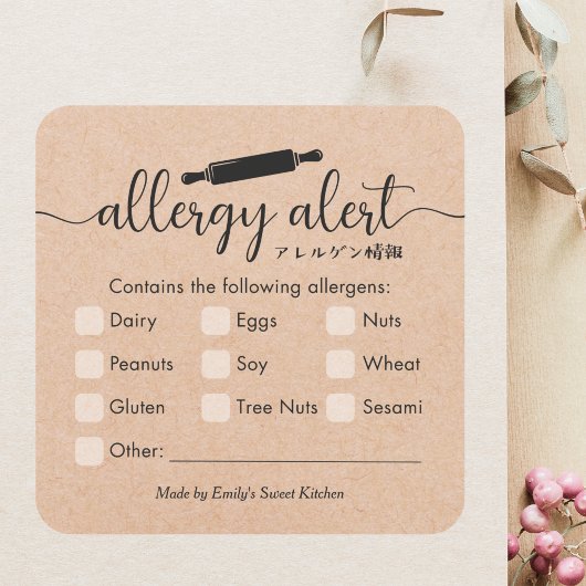 Sticker Carré Allergy Alert Allergens Warning Kraft Rolling Pin