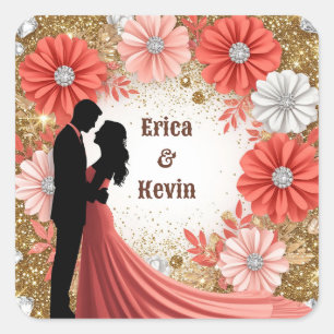 Sticker Carré 💍 Alliance de mariage Fleurs de corail Or Couple