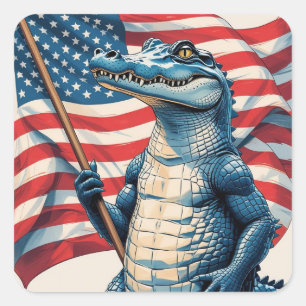 Sticker Carré Alligator patriotique tenant le drapeau américain