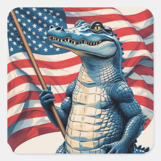 Sticker Carré Alligator patriotique tenant le drapeau américain