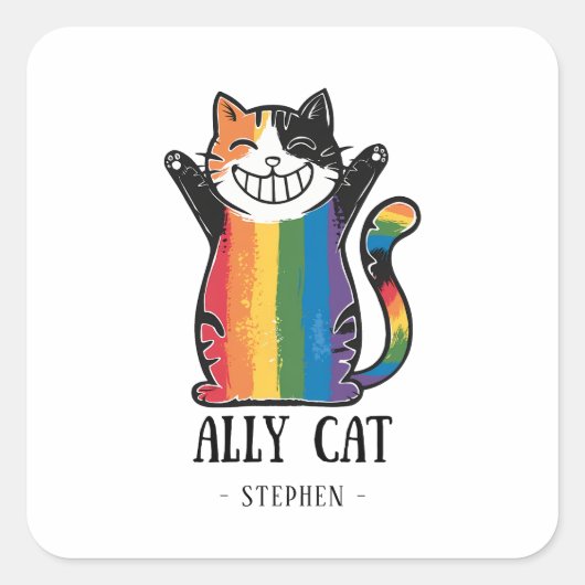 Sticker Carré Ally Cat - Rainbow Cat LGBTQ Pride (2) (Devant)